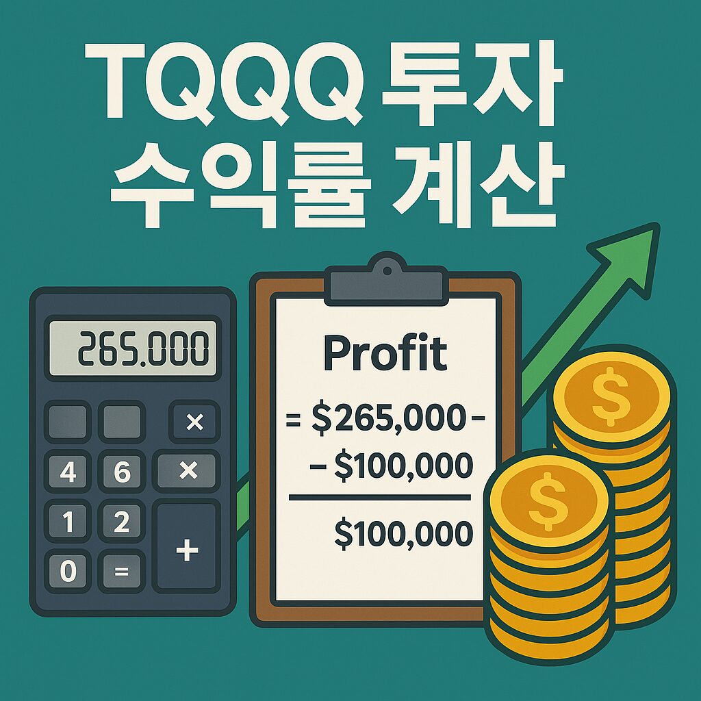 TQQQ 투자 수익률 계산 그래픽 썸네일 이미지 - 계산기, 수익 계산표, 상승 화살표와 금화 더미로 구성된 현대적 디자인. 투자 수익률 계산을 직관적으로 표현하여 금융 및 투자 관련 콘텐츠에 적합.