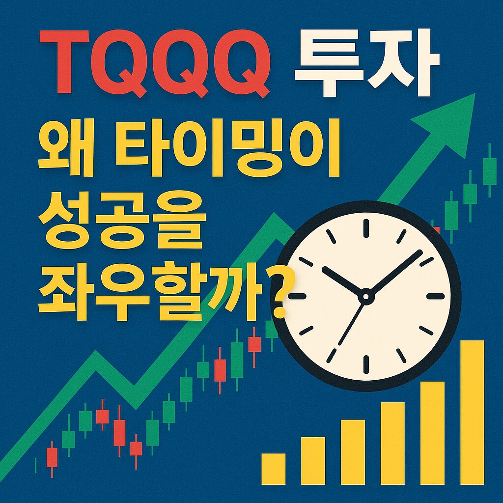 TQQQ 투자 타이밍의 중요성을 강조하는 썸네일 이미지. 파란 배경에 굵은 한글 텍스트로 'TQQQ 투자'와 '타이밍이 성공을 좌우할까?'라는 문구가 포함되어 있으며, 시계와 상승 화살표, 캔들차트와 바차트 그래픽이 시각적 요소로 배치되어 있어 투자 전략과 시점의 중요성을 직관적으로 표현함.