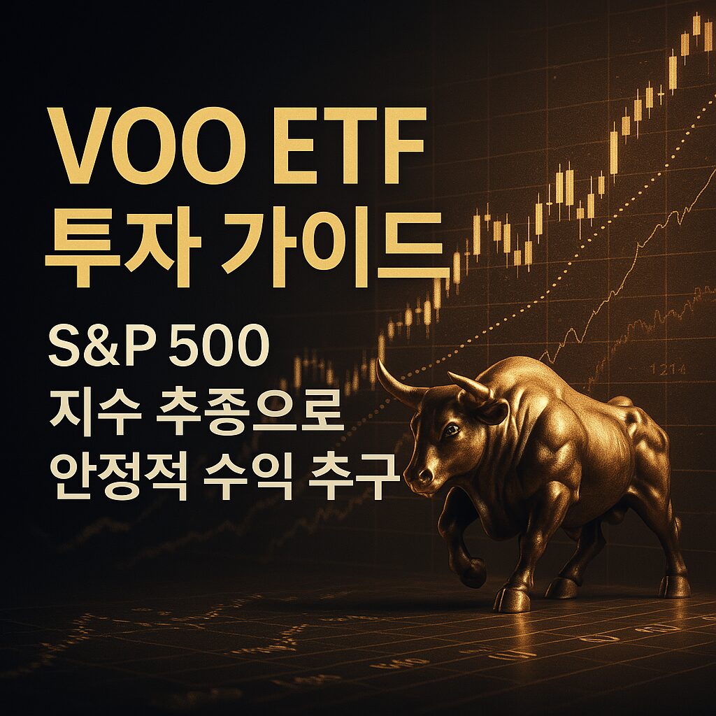 VOO ETF 투자 가이드를 위한 고급 썸네일 – S&P 500 지수 추종, 황소 동상과 금융 그래프가 어우러진 세련된 디자인