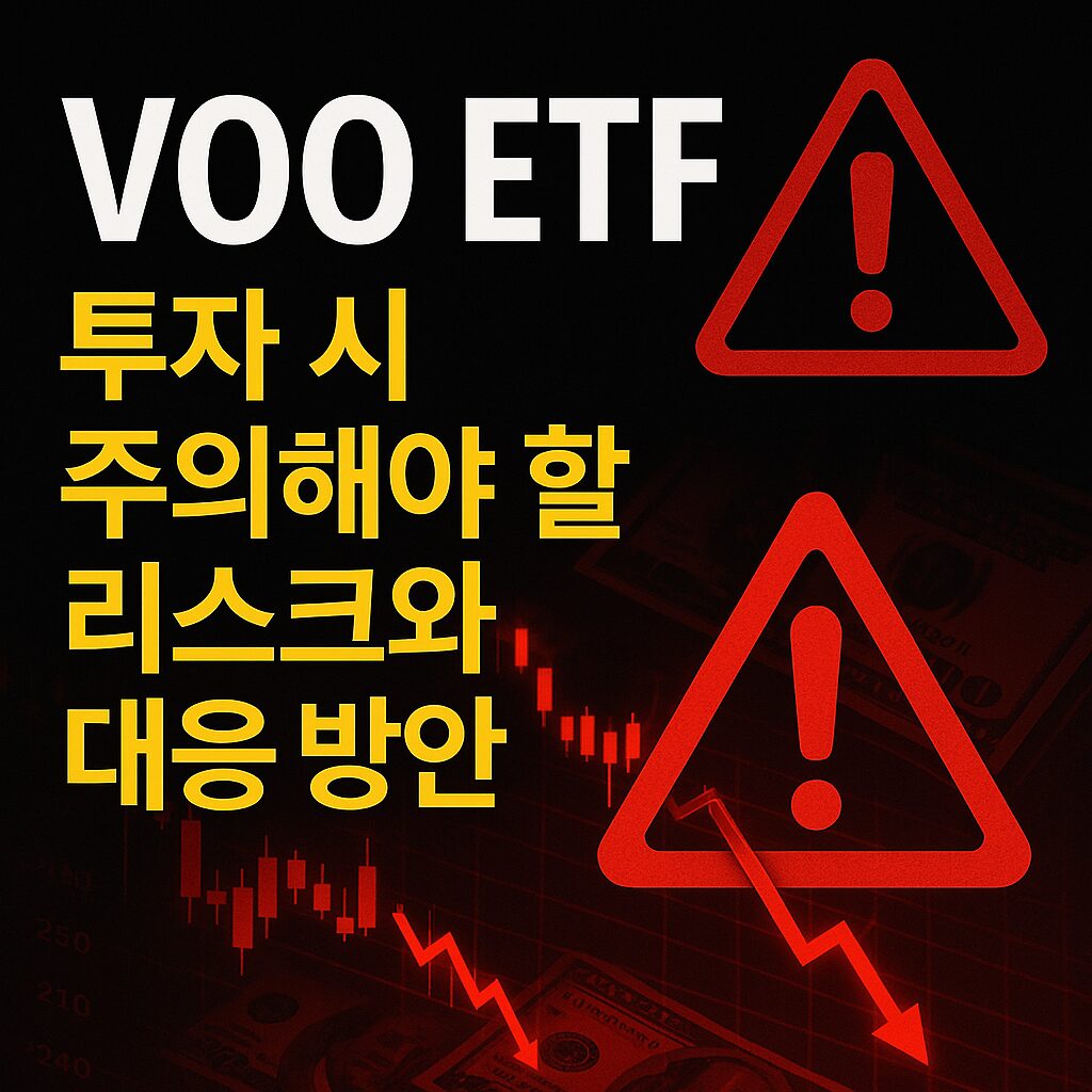 VOO ETF 투자 시 리스크와 대응 방안을 강조하는 썸네일 이미지 – 경고 아이콘, 하락 그래프, 투자 경고 문구 포함된 시선을 끄는 그래픽