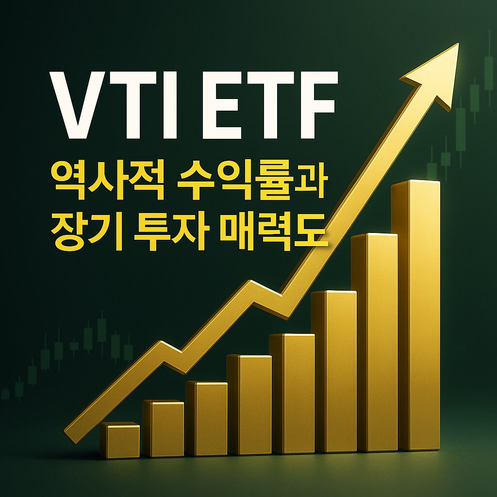 VTI ETF 장기 투자 수익률과 성장성 강조된 고급스러운 금융 썸네일 이미지 – 황금색 상승 그래프와 차트 배경