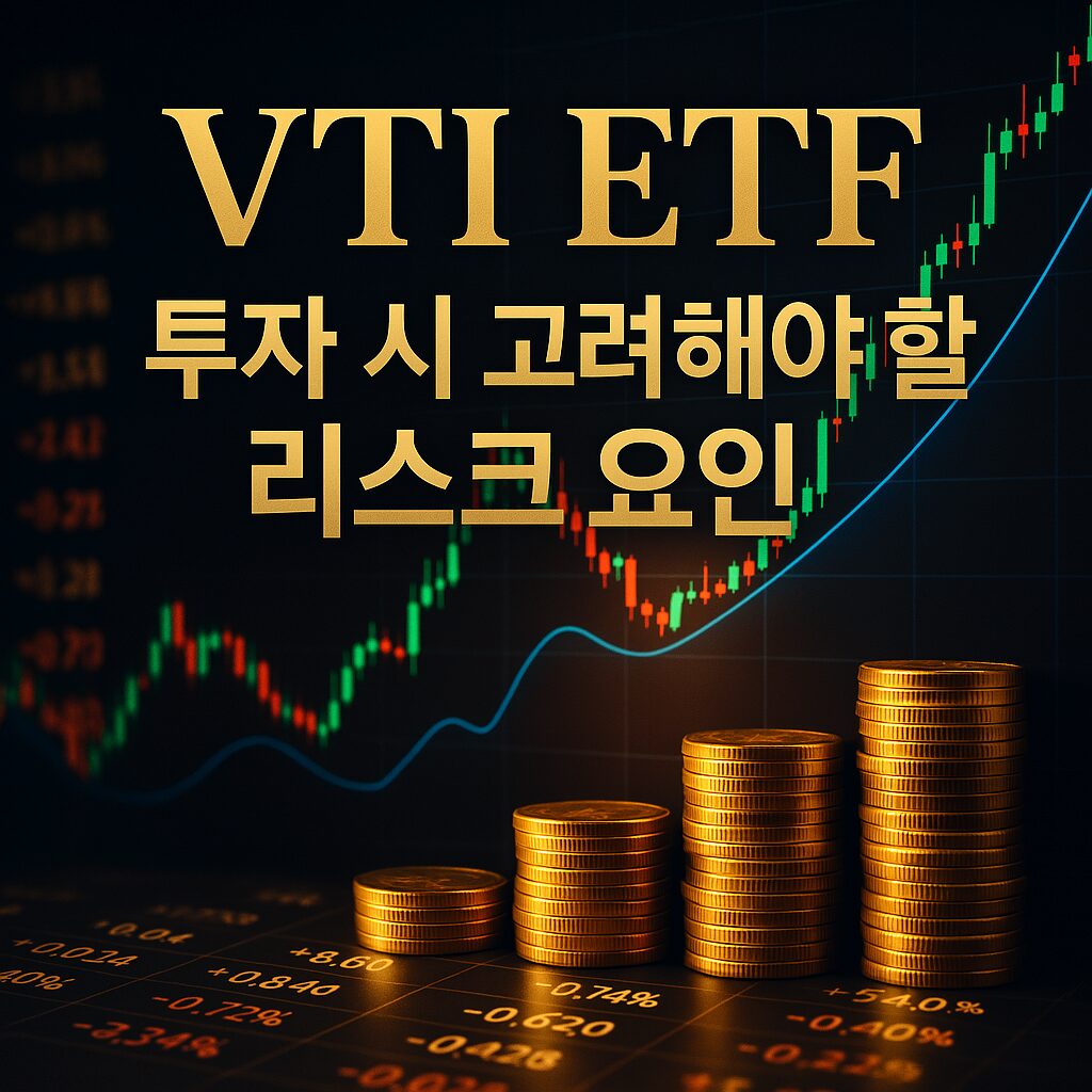 VTI ETF 투자 시 고려해야 할 리스크 요인을 시각적으로 표현한 썸네일 – 금융 차트, 금화, 리스크 경고를 강조한 고급스러운 디자인
