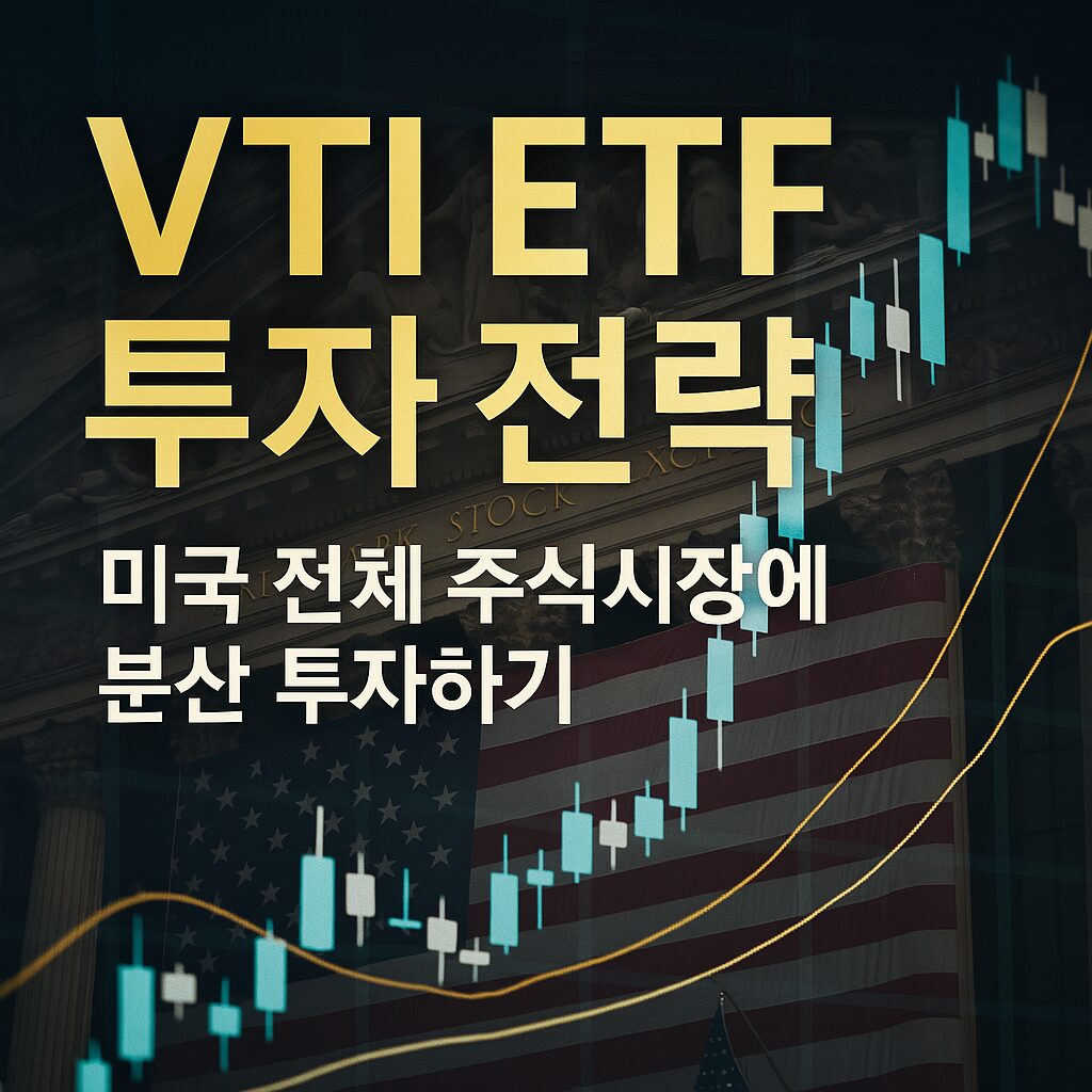 VTI ETF 투자 전략을 상징하는 세련된 그래픽 이미지, 뉴욕 증권거래소와 주식시장 그래프가 배경으로 구성된 고급스러운 디자인