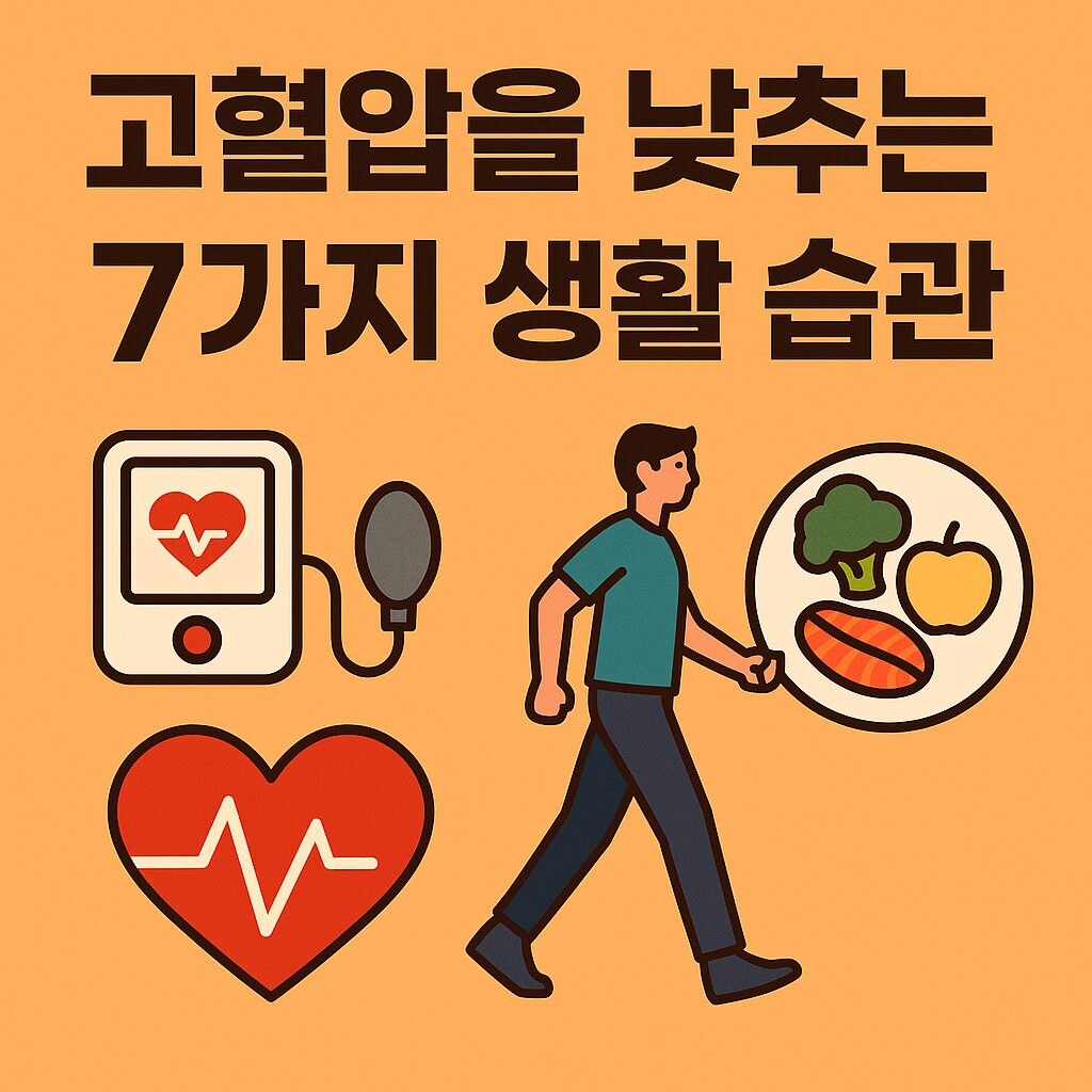 고혈압을 낮추는 7가지 생활 습관을 소개하는 인포그래픽 썸네일 이미지입니다. 혈압계, 심장 모니터 아이콘, 걷기 운동을 하는 사람, 건강한 식단(브로콜리, 연어, 사과)을 강조하여 고혈압 관리의 중요성을 시각적으로 표현