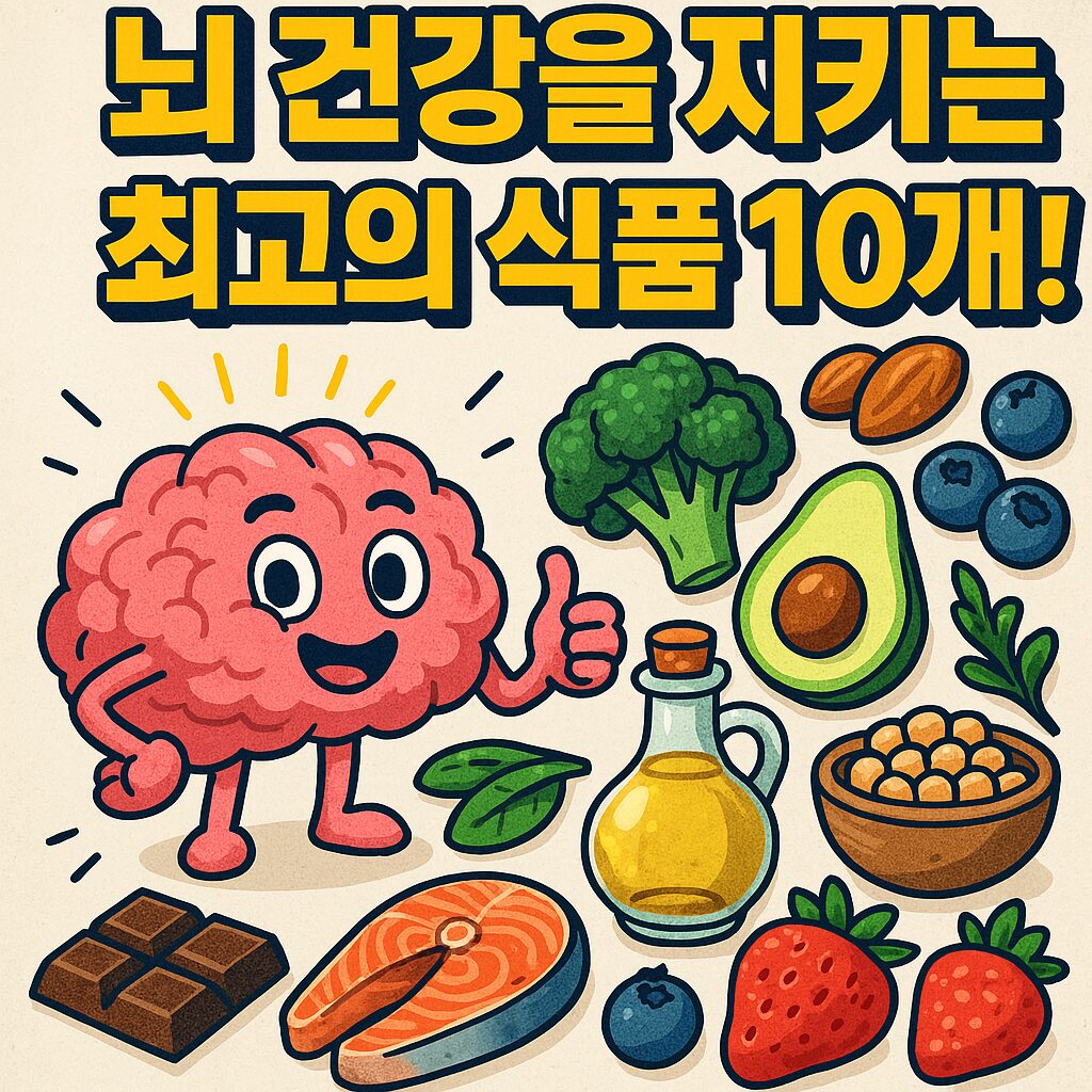 뇌 건강을 지키는 최고의 식품 10개! 다양한 뇌 건강 식품(연어, 브로콜리, 아보카도, 블루베리, 초콜릿 등)과 웃고 있는 뇌 캐릭터가 등장하여 건강한 식단의 중요성을 강조하는 썸네일 이미지