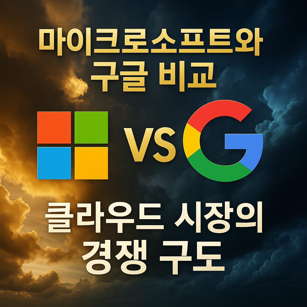 마이크로소프트와 구글의 클라우드 시장 경쟁을 상징하는 고급스러운 썸네일 이미지. 양사의 로고가 구름 배경 위에 배치되어 있고, 중심에는 "VS" 문구가 강조되어 클라우드 시장 내 경쟁 구도를 시각적으로 표현
