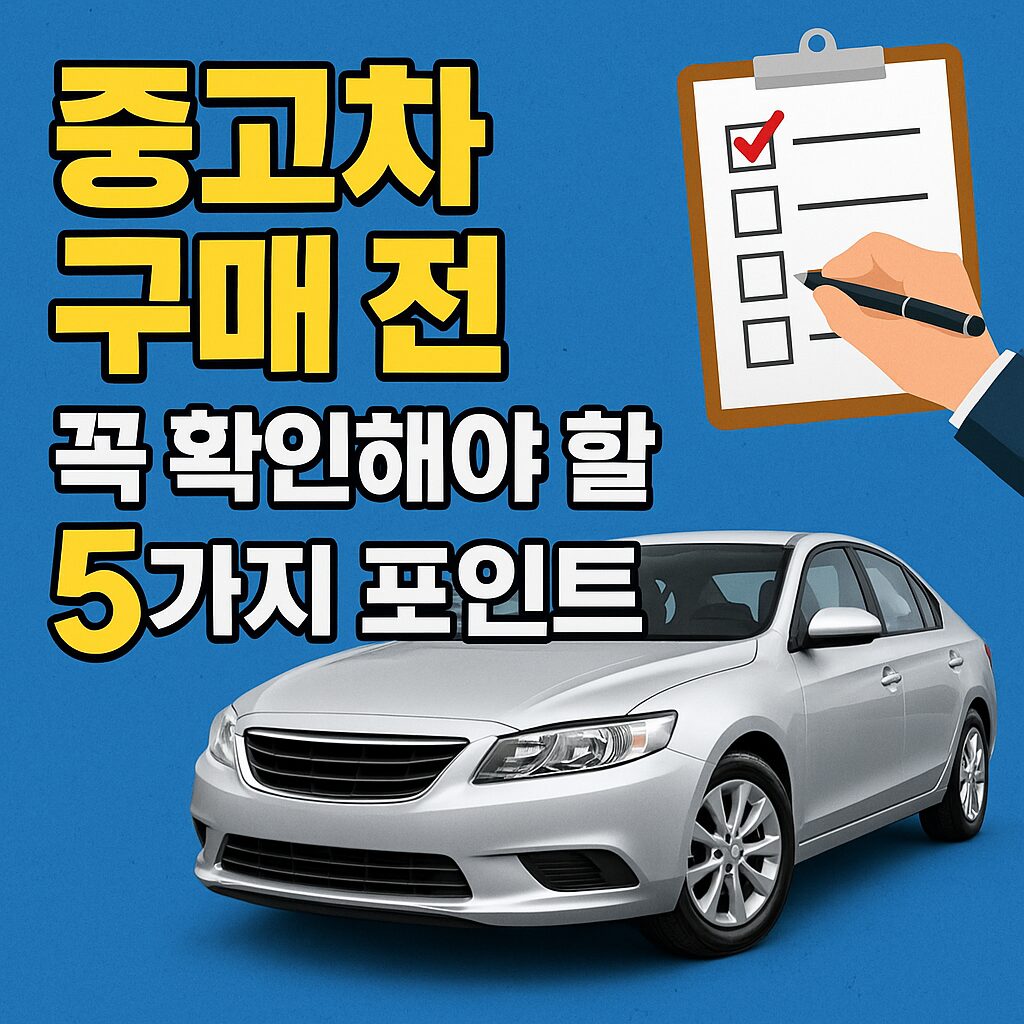 중고차 구매 전 필수 확인 사항 5가지 - 체크리스트와 세련된 은색 세단이 강조된 블로그 썸네일 이미지