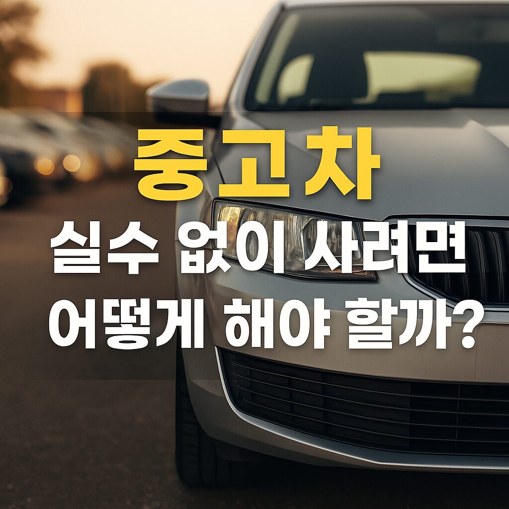 실수 없이 중고차를 사는 방법을 알려주는 가이드 이미지로, 세련된 중고차의 전면부와 깔끔한 외관이 돋보이며, '중고차'라는 키워드와 구매 팁을 강조하는 문구가 포함된 그래픽 디자인.