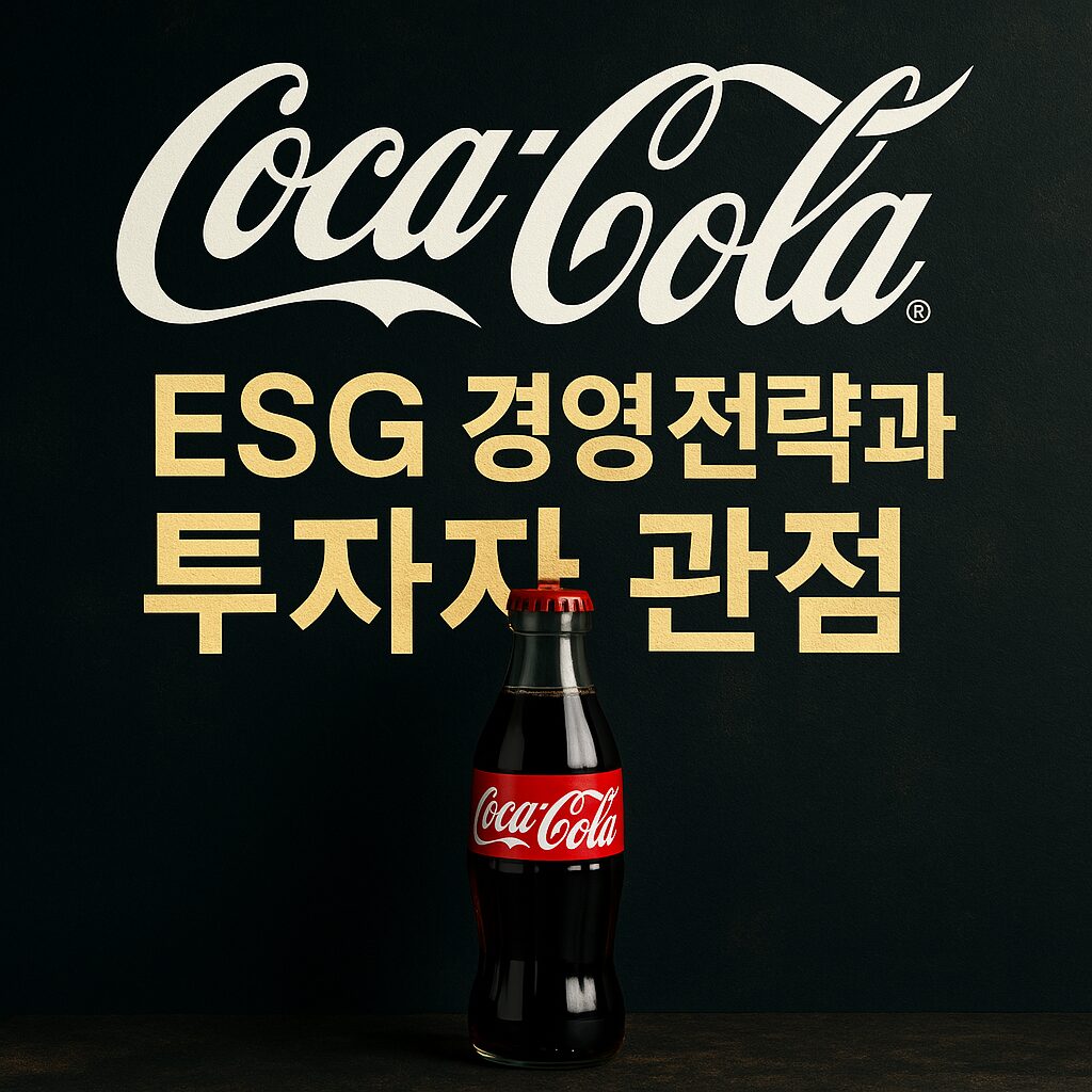코카콜라 ESG 경영 전략을 투자자 관점에서 조명한 고급스러운 썸네일 이미지 – ESG 키워드와 코카콜라 병이 어우러진 세련된 시각 디자인