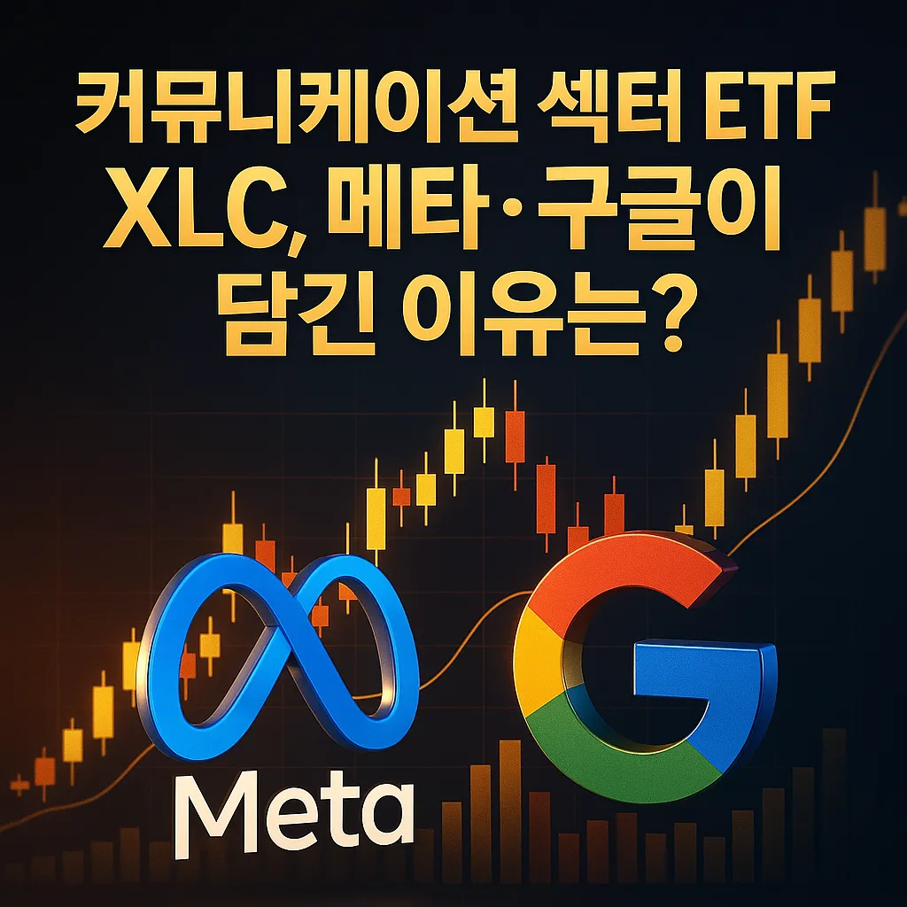 XLC 커뮤니케이션 섹터 ETF에 포함된 메타와 구글, 기술 주식의 시장 동향을 보여주는 고급스럽고 세련된 금융 썸네일 이미지