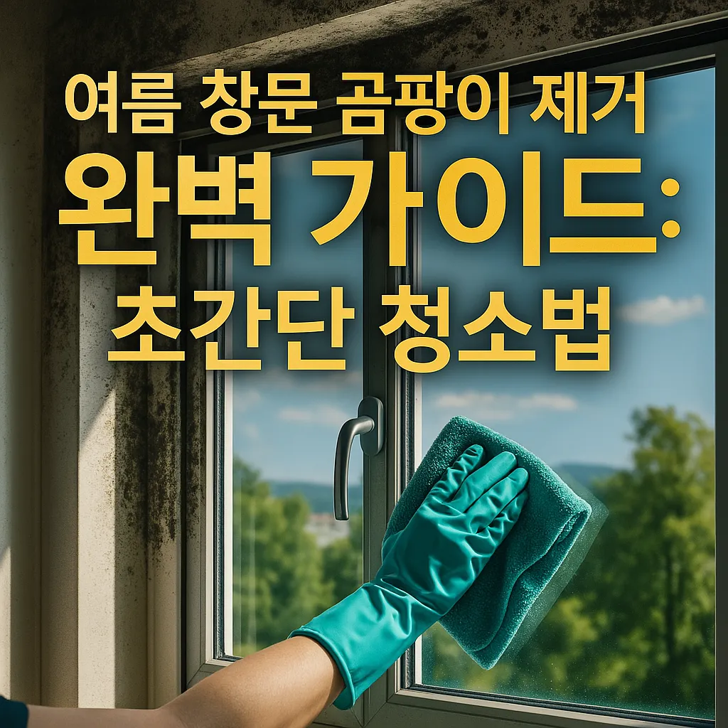 여름철 곰팡이로 얼룩진 창문을 청소하는 모습을 담은 고화질 썸네일 이미지. '여름 창문 곰팡이 제거 완벽 가이드: 초간단 청소법'이라는 한국어 문구가 강조된 고급스럽고 세련된 디자인.