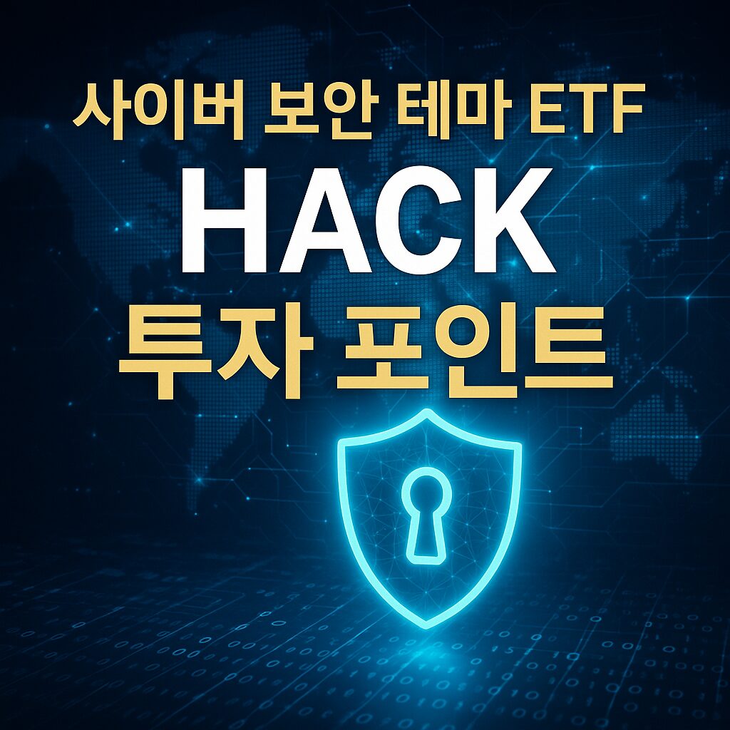 사이버 보안 테마 ETF 'HACK' 투자 포인트를 시각적으로 표현한 이미지로, 푸른 디지털 세계지도 배경과 보안 자물쇠 아이콘, HACK 텍스트가 강조된 고급스럽고 세련된 썸네일.