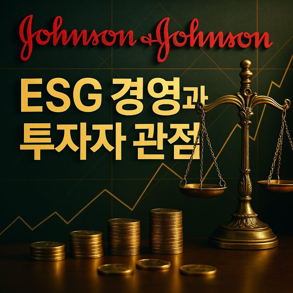 존슨앤드존슨의 ESG 경영과 투자 전략을 상징하는 세련된 스케일 이미지와 한국어 키워드가 강조된 고급스러운 썸네일