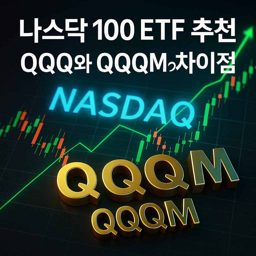 나스닥 100 ETF 추천: QQQ와 QQQM의 차이점을 강조하는 고급스러운 썸네일 이미지. 금융 차트를 배경으로 QQQ와 QQQM 로고가 돋보이며, 한국어 텍스트로 핵심 내용을 전달함