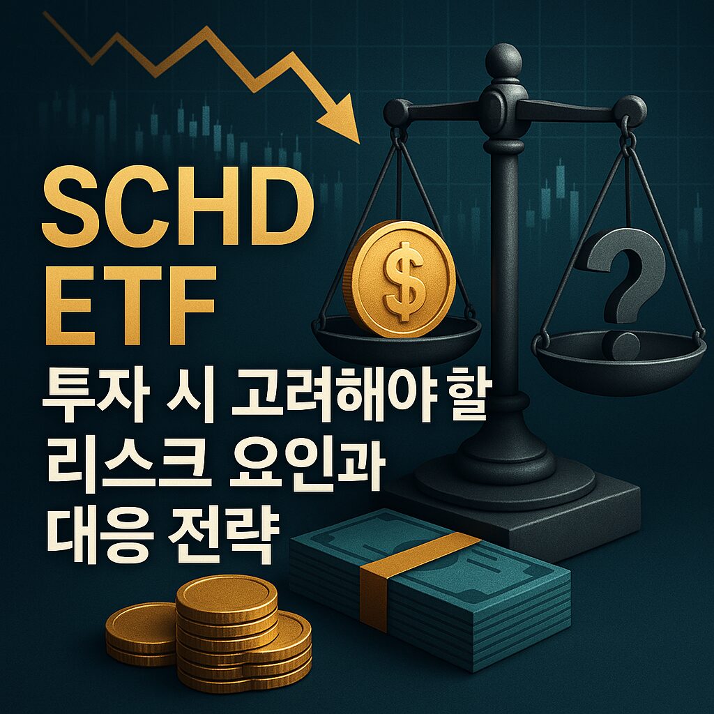 SCHD ETF 투자 리스크와 대응 전략을 시각화한 고급스러운 썸네일 – 금색 화살표, 금융 그래프, 균형 저울을 배경으로 한 세련된 이미지