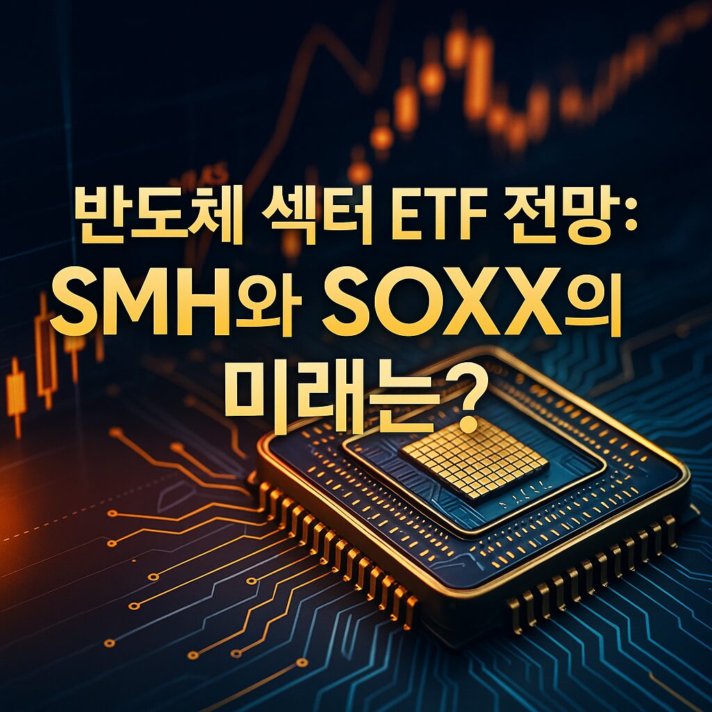 반도체 섹터 ETF 전망을 다룬 썸네일 이미지로, SMH와 SOXX의 미래를 상징하는 반도체 칩과 금융 지표 배경 위에 '반도체 섹터 ETF 전망: SMH와 SOXX의 미래는?'이라는 한국어 텍스트가 고급스럽고 세련되게 배치된 이미지