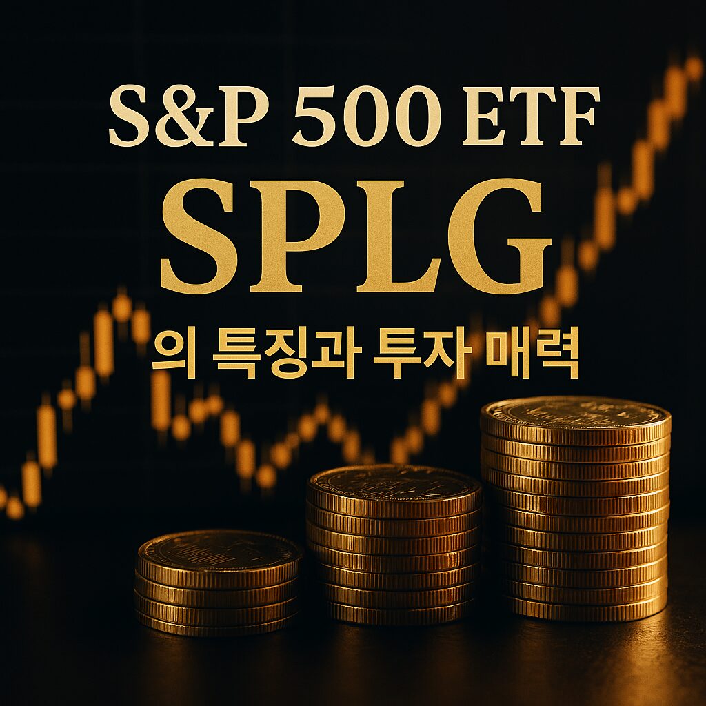S&P 500 ETF SPLG의 투자 매력을 상징하는 금색 배경과 주식 차트를 배경으로 한 고급스러운 썸네일 이미지 – 한국어 키워드 포함