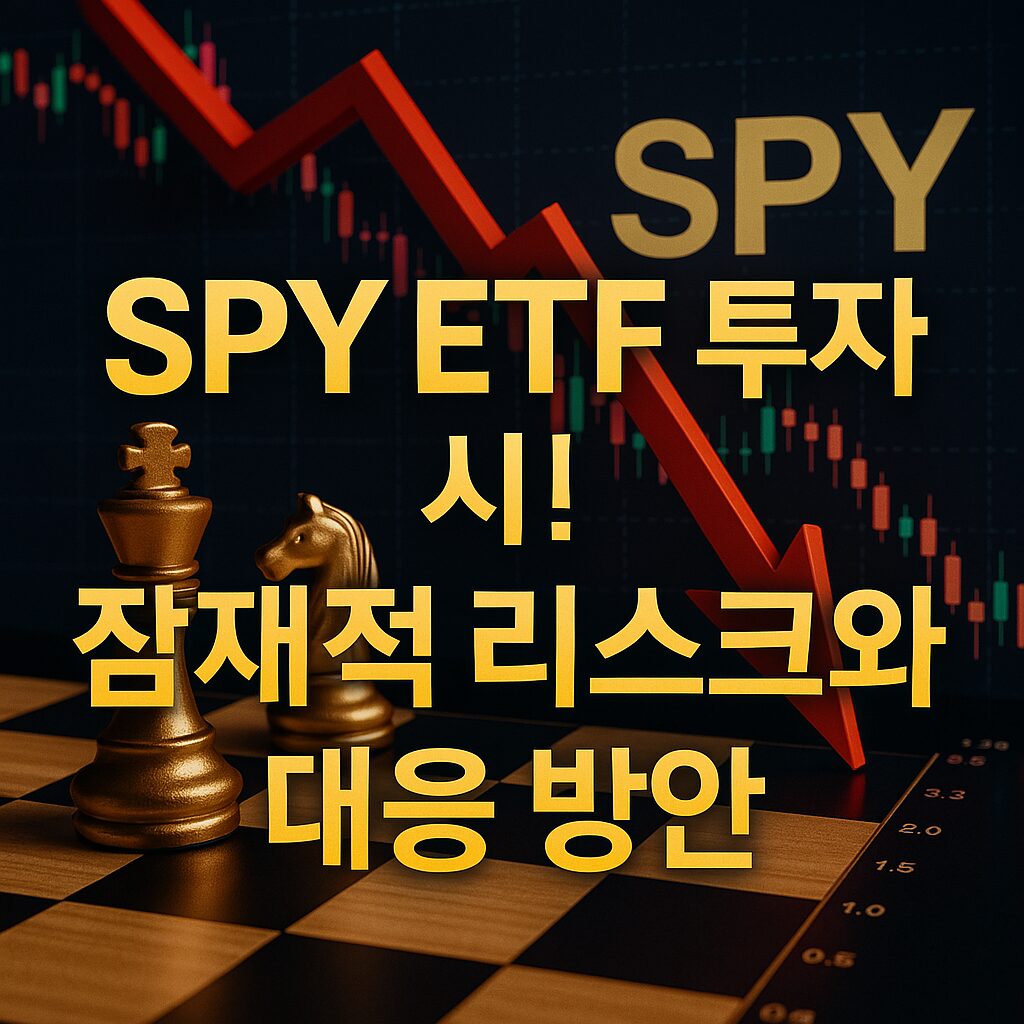 SPY ETF의 투자 리스크를 상징하는 빨간 하락 화살표와 체스판 위의 말, 캔들차트가 배경으로 구성된 고급스러운 썸네일 이미지
