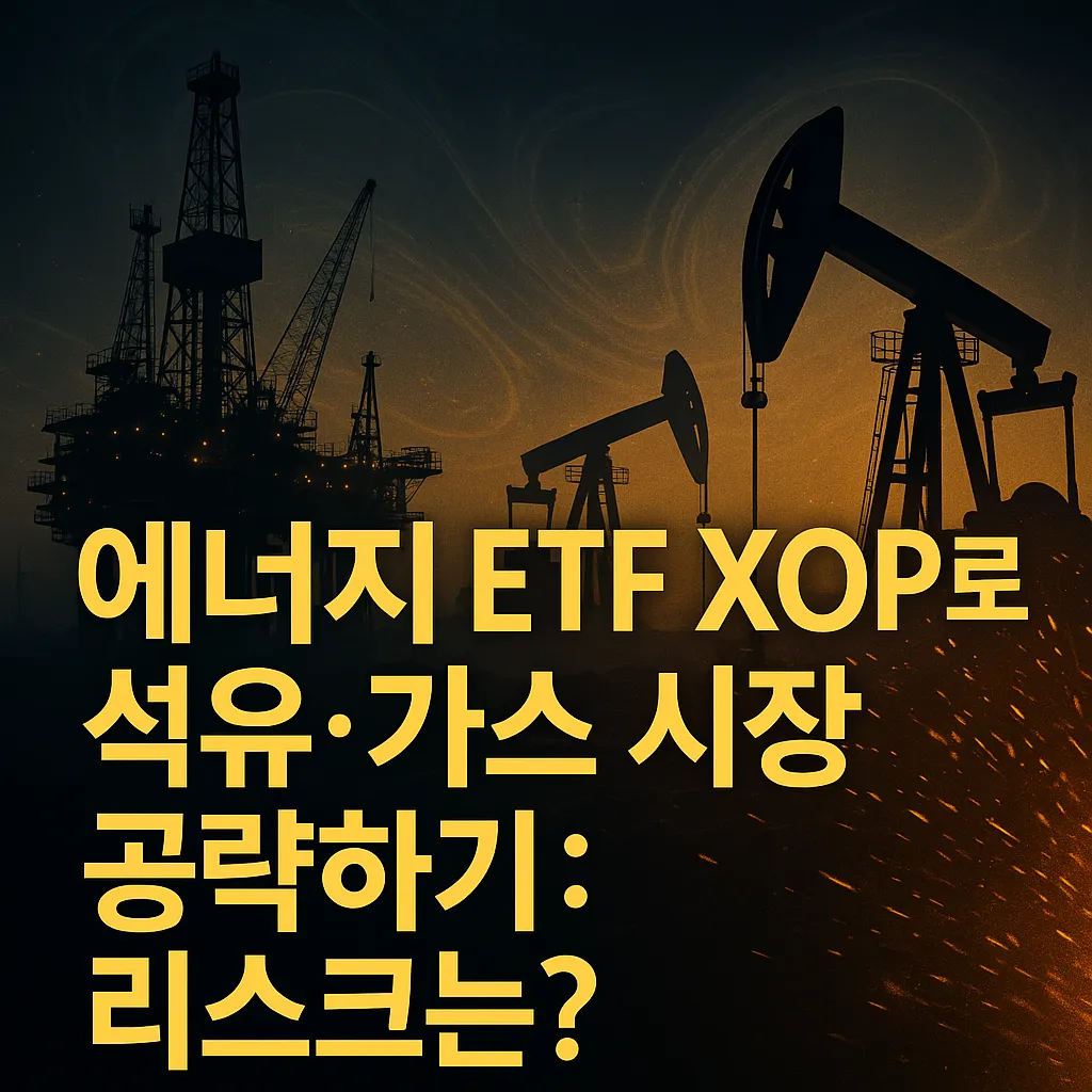 석유와 가스 산업을 상징하는 석유 시추 시설과 펌프잭을 배경으로, 에너지 ETF XOP 투자와 리스크를 고급스럽고 세련된 타이포그래피로 강조한 1:1 비율의 썸네일 이미지