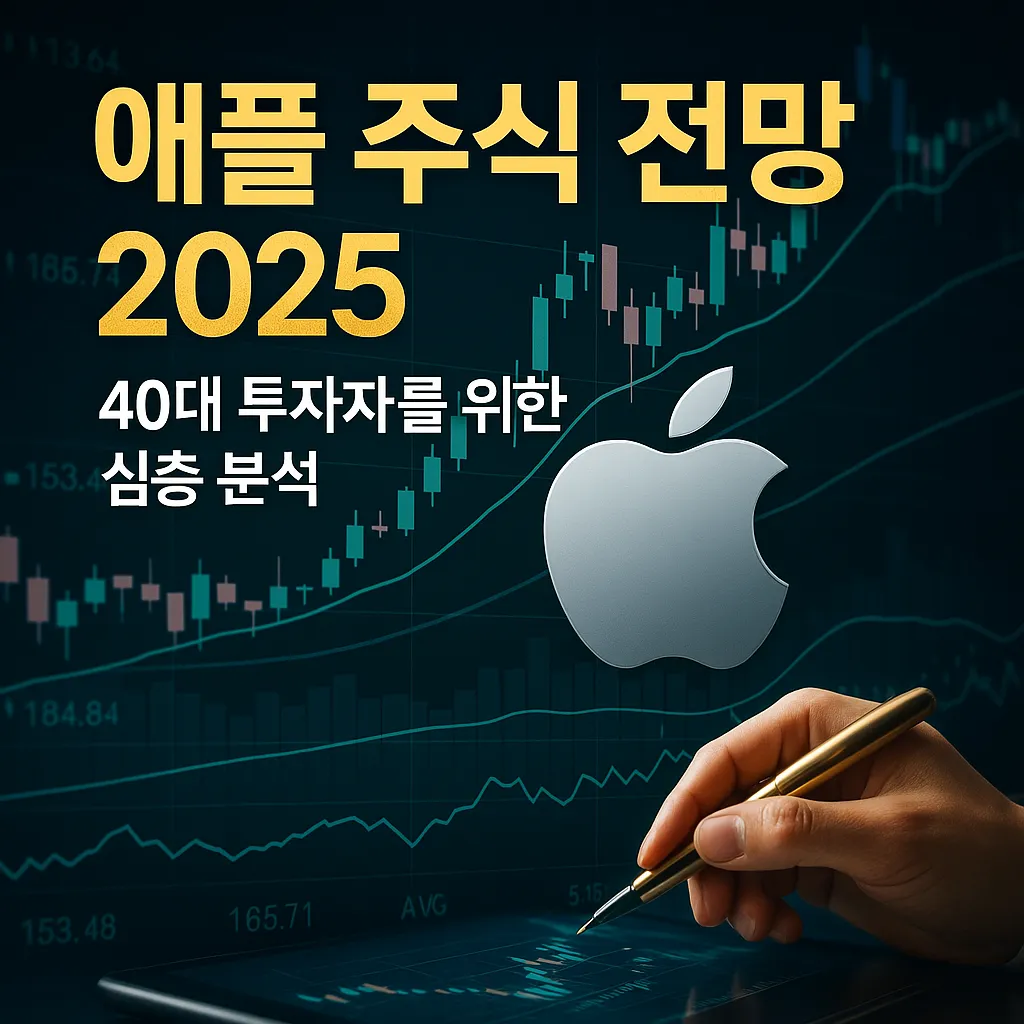 2025년 애플 주식 전망을 분석하는 40대 투자자를 위한 고급스러운 금융 그래픽 이미지 – 애플 로고, 주식 차트, 디지털 태블릿을 활용한 세련된 비주얼