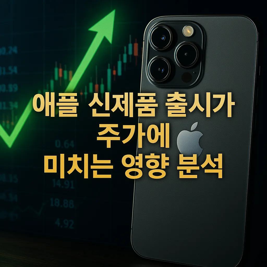 애플 신제품 발표와 주가 상승의 관계를 상징하는 고급스러운 썸네일 이미지 – 아이폰과 주식 차트, 한국어 텍스트 포함