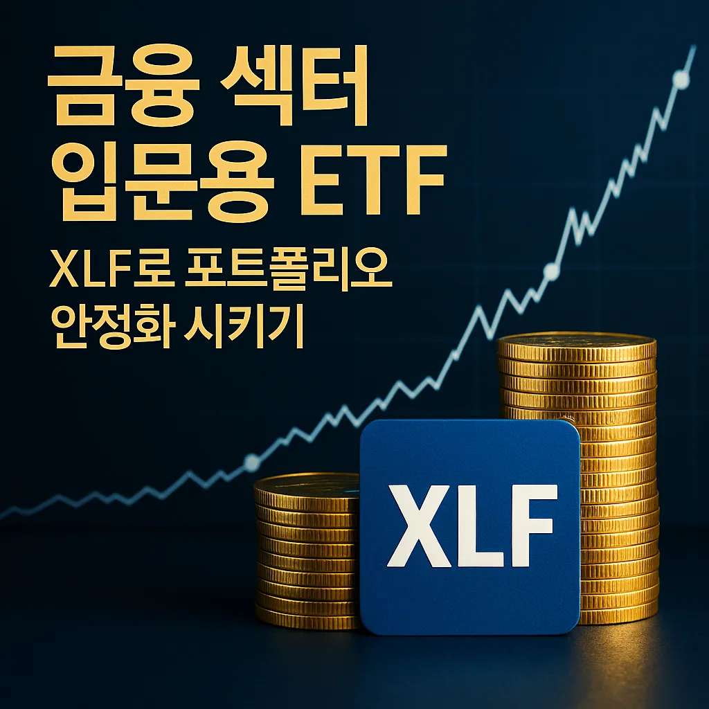 금융 섹터 입문용 ETF XLF로 포트폴리오 안정화라는 문구와 함께, 금색 동전 더미, XLF 카드, 상승하는 그래프가 있는 고급스러운 파란색 배경의 금융 관련 썸네일 이미지