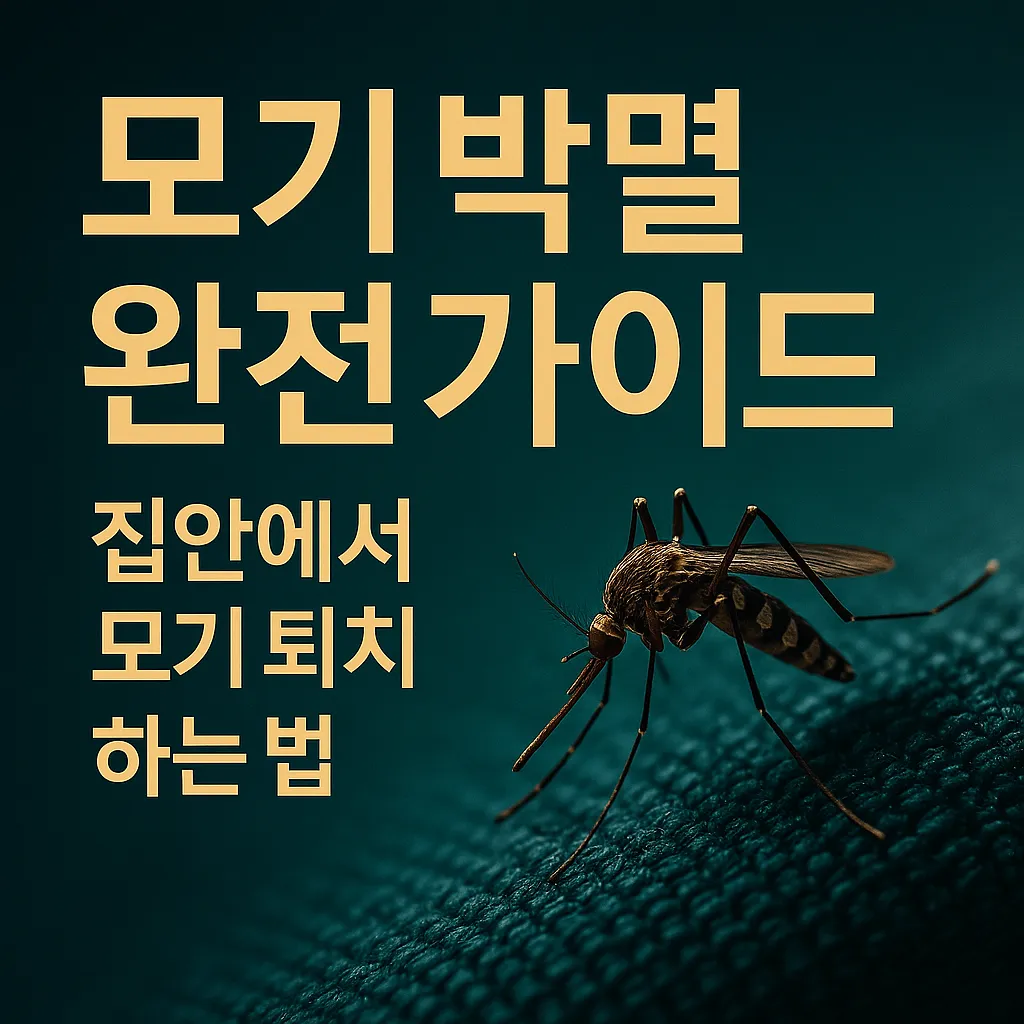 실내 모기 퇴치 가이드를 소개하는 고급스러운 썸네일 – 모기 이미지와 함께 한국어 텍스트가 돋보이는 디자인