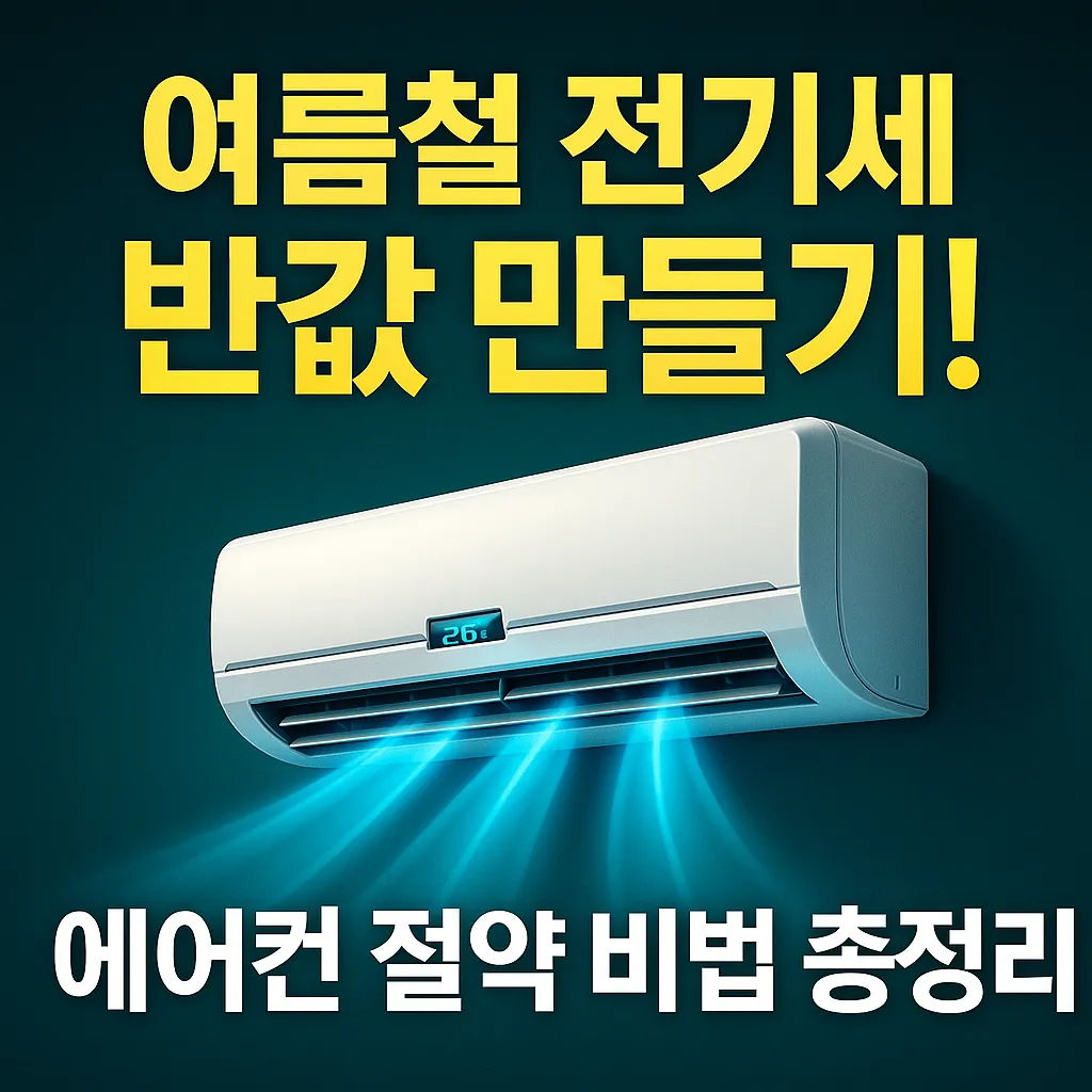 여름철 전기세를 절약하기 위한 에어컨 절전 팁을 강조한 고급스럽고 시선을 끄는 그래픽 썸네일 – 한글 키워드 포함