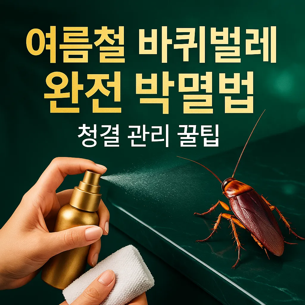 여름철 바퀴벌레 퇴치법과 청결 관리 꿀팁을 강조한 세련된 고급 썸네일 – 청소 스프레이와 바퀴벌레 이미지 포함