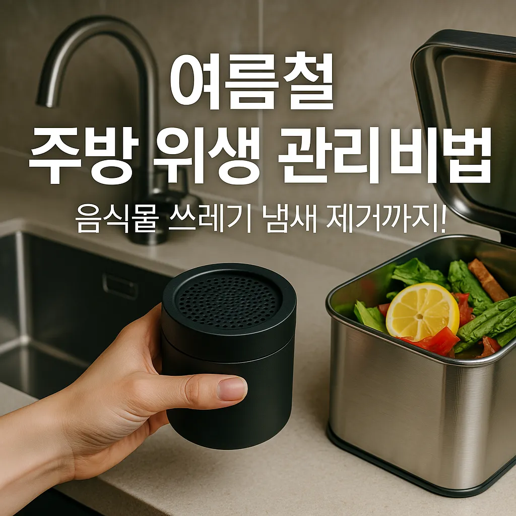 여름철 주방 위생 관리 및 음식물 쓰레기 냄새 제거를 위한 세련된 청결한 주방 이미지 - activated charcoal 탈취제와 깔끔한 인테리어 강조