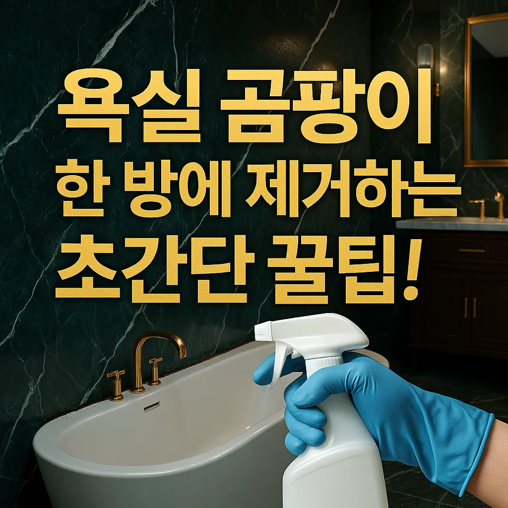 고급스러운 대리석 욕실 배경에 파란 고무장갑을 낀 손이 곰팡이 제거제를 뿌리는 모습, '욕실 곰팡이 한 방에 제거하는 초간단 꿀팁!'이라는 한국어 텍스트가 포함된 썸네일 이미지