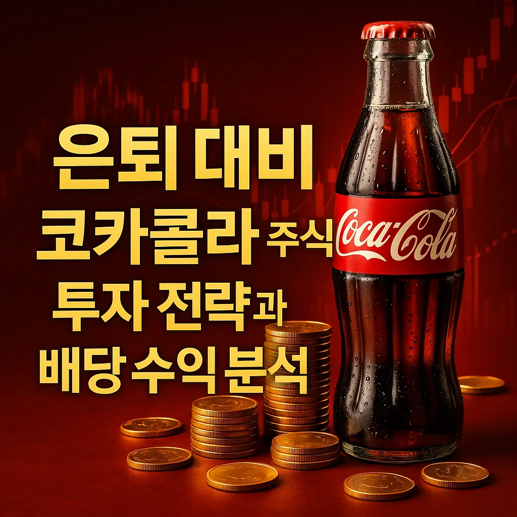 은퇴 준비를 위한 코카콜라 주식 투자 전략과 배당 수익 분석을 시각적으로 표현한 고급스러운 썸네일 이미지, 주식 차트와 코카콜라 병, 금색 텍스트가 조화를 이루는 디자인