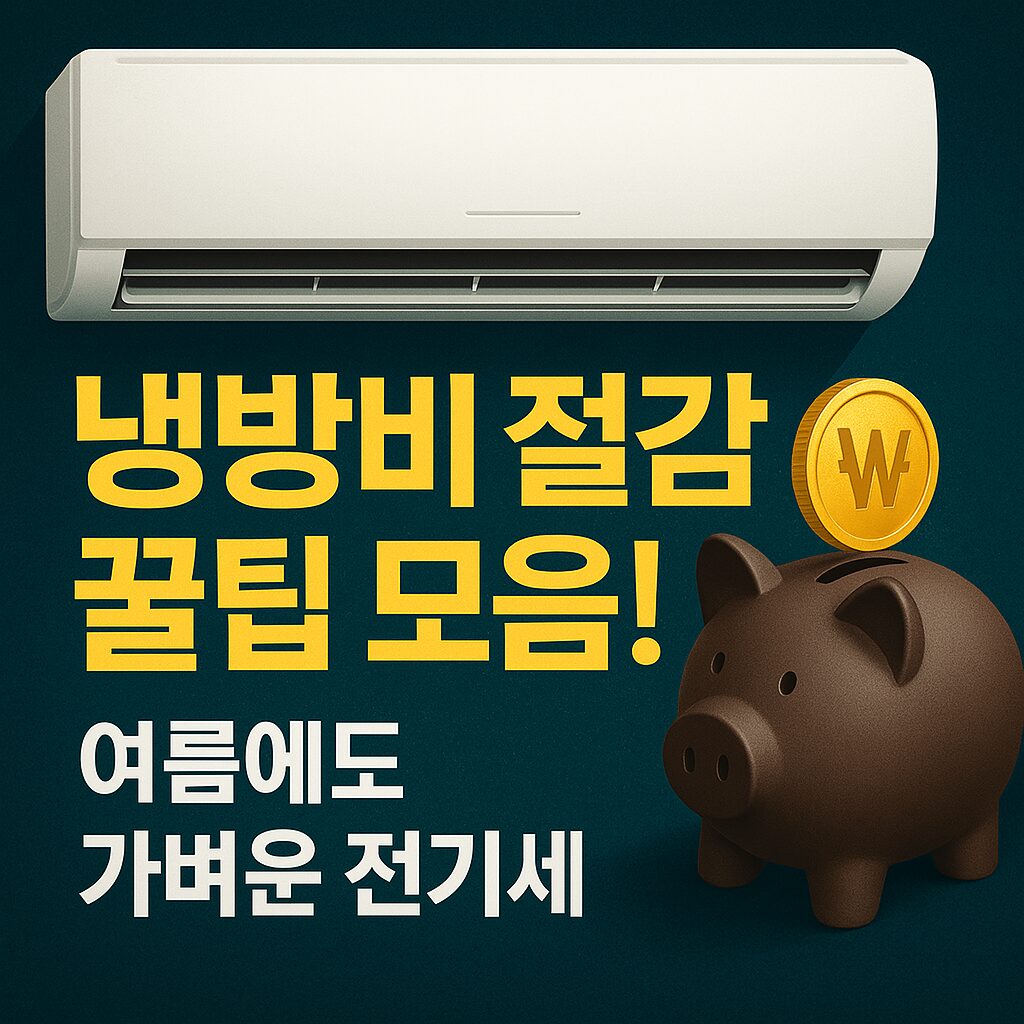 세련된 에어컨과 돼지 저금통 이미지 위에 '냉방비 절감 꿀팁 모음! 여름에도 가벼운 전기세'라는 한국어 문구가 포함된 고급스러운 여름철 에너지 절약 썸네일 이미지