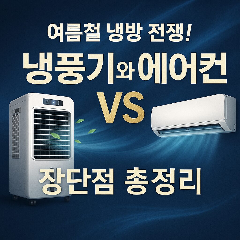 여름철 냉방 대전! 냉풍기와 에어컨의 장단점을 고급스럽고 세련된 디자인으로 비교한 썸네일 이미지 – 시원한 파란 배경과 함께 냉풍기와 에어컨이 시선을 사로잡는다