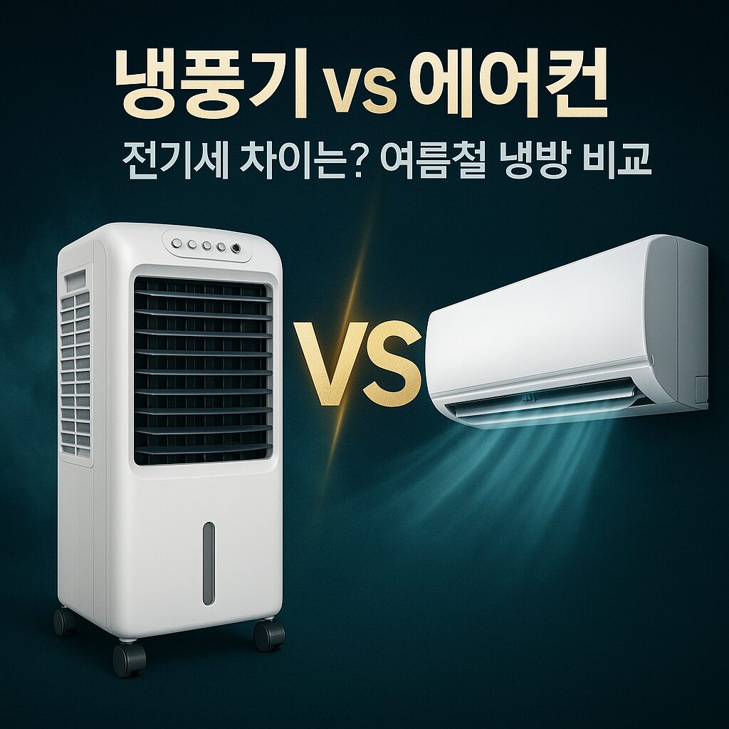 냉풍기와 에어컨의 전기세 차이를 비교한 여름철 냉방기기 이미지 – 냉방 효과 및 에너지 효율성 차이 강조
