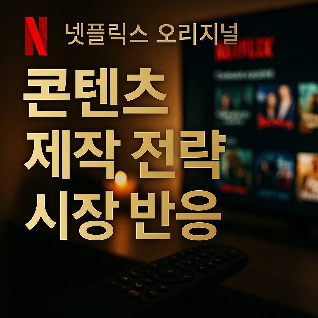 넷플릭스 오리지널 콘텐츠 제작 전략과 시장 반응을 다룬 고급스러운 썸네일 이미지, 붉은 넷플릭스 로고와 TV 화면이 강조된 디자인