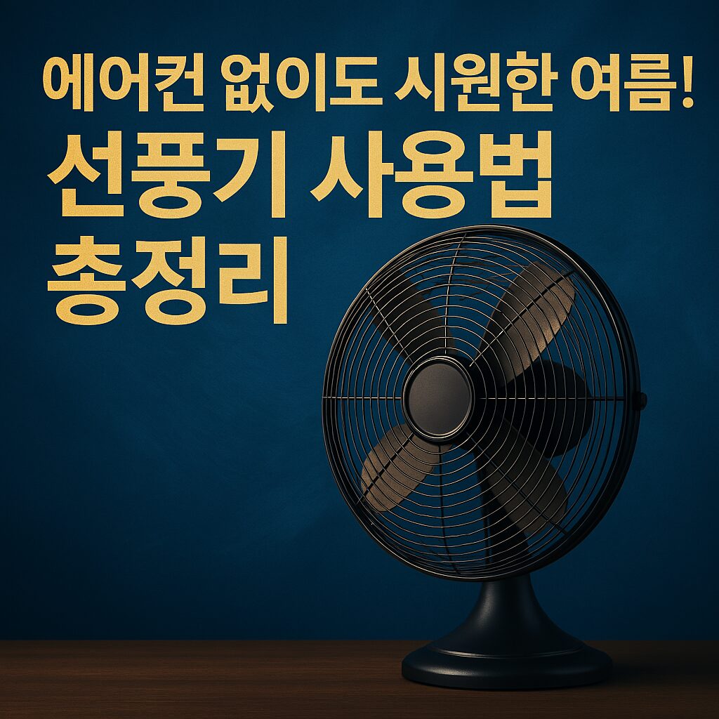 선풍기 하나로 시원한 여름을 보내는 방법을 안내하는 한국어 썸네일 이미지. 고급스러운 파란 배경 위에 선명한 텍스트와 클래식 선풍기 이미지가 강조되어 있음.
