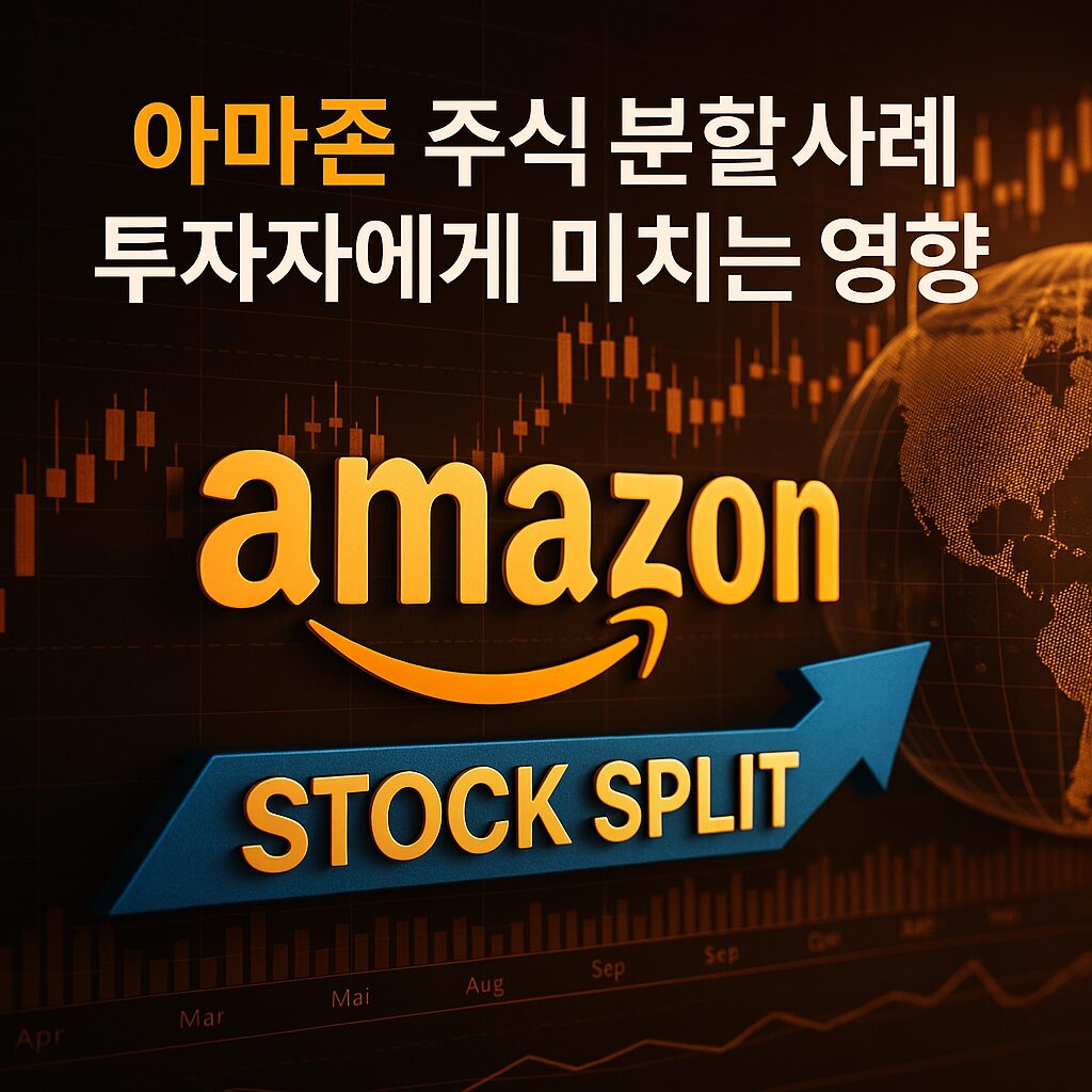 아마존 주식 분할 사례와 투자자 영향 분석을 주제로 한 고급스러운 금융 이미지 - 아마존 로고, 주가 차트, 글로벌 경제 배경 포함