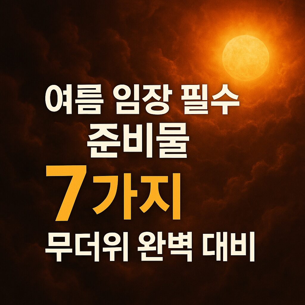 여름 부동산 임장을 위한 7가지 필수 준비물”이라는 문구가 돋보이는 고급스러운 그래픽 썸네일. 뜨거운 태양과 더운 날씨를 상징하는 배경 위에 시선을 끄는 텍스트가 배치되어 무더위 대비의 중요성을 강조함
