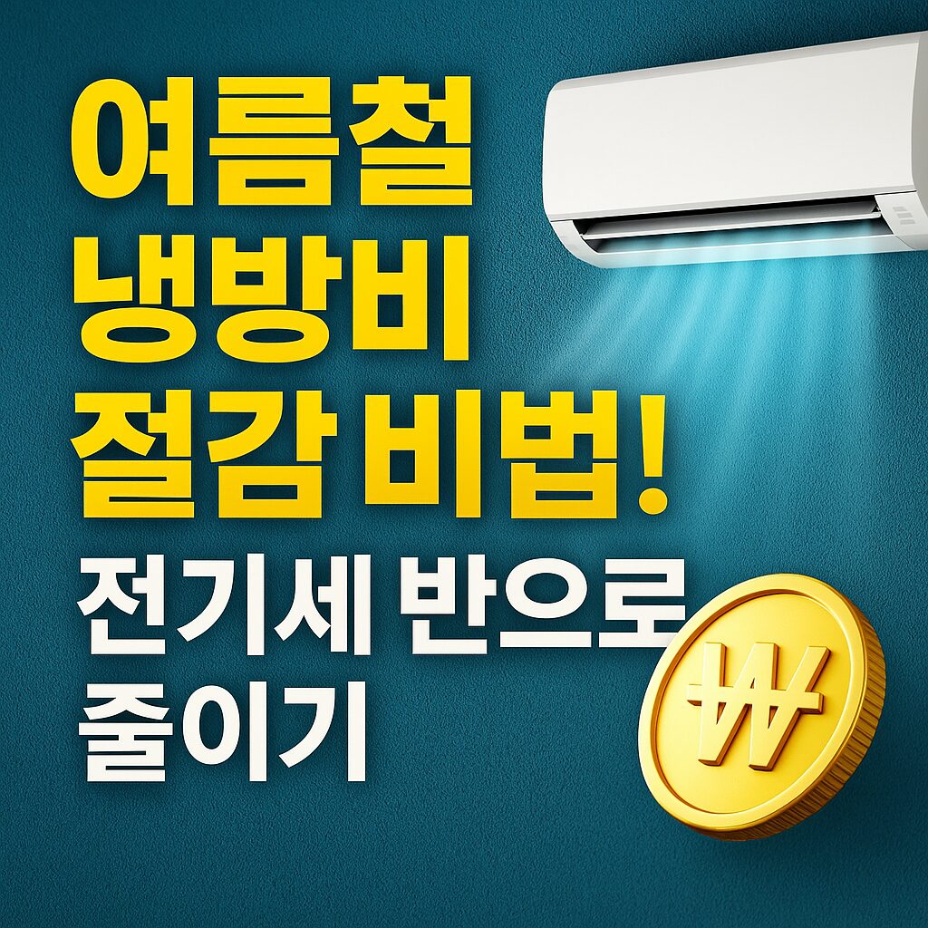 여름철 냉방비 절감 비법을 강조하는 고급스러운 썸네일 – 에어컨, 전기요금 절약 아이콘, '전기세 반으로 줄이기' 한국어 텍스트 포함