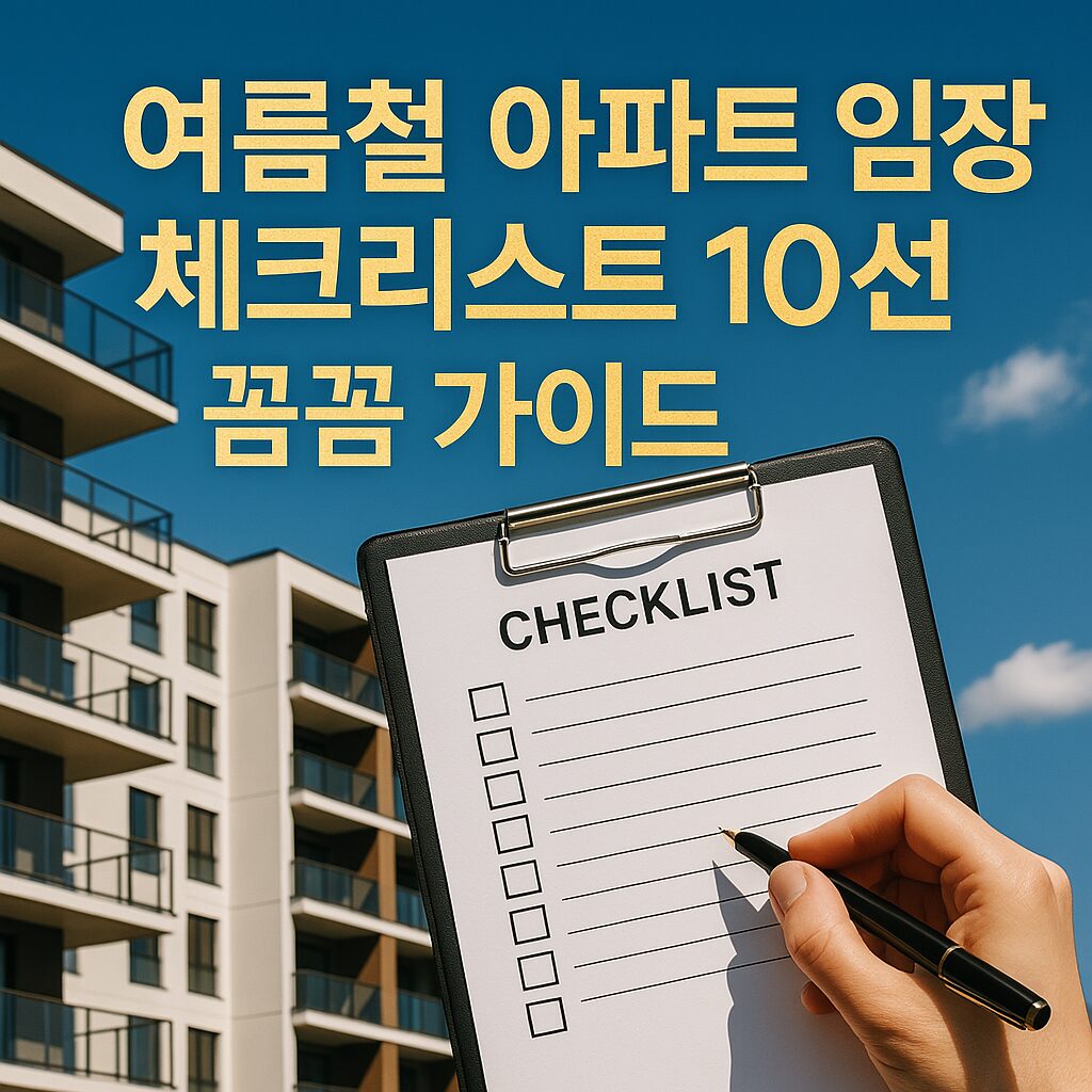 여름철 아파트 임장 체크리스트 10선 - 체크리스트와 고급 아파트 외관이 어우러진 부동산 임장 가이드 이미지