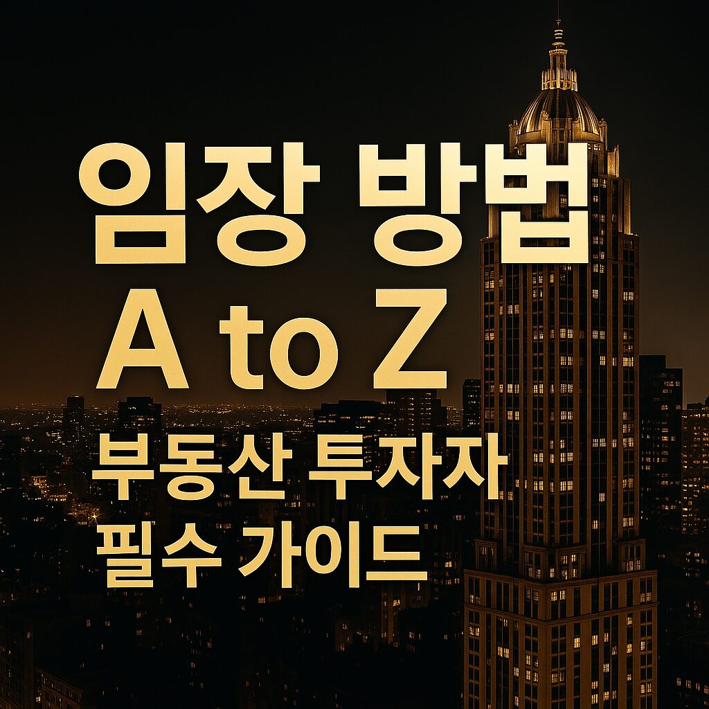 임장 방법 A to Z: 부동산 투자자 필수 가이드라는 문구가 세련된 금색 글씨로 도시 야경 배경 위에 강조된 고급스러운 썸네일 이미지