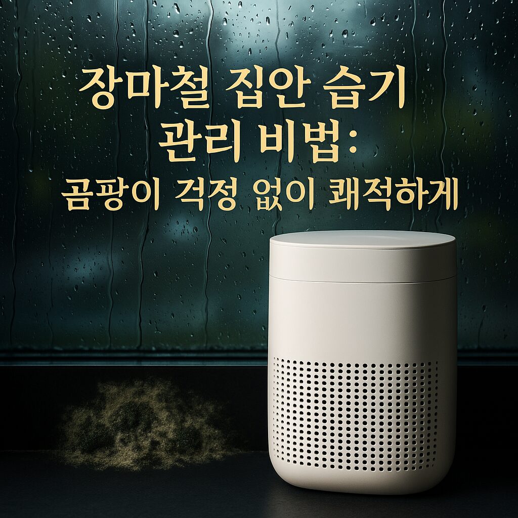 장마철 창밖의 빗방울과 실내 제습기, 곰팡이 없는 쾌적한 집안을 상징하는 고급스러운 썸네일 이미지 – 장마철 집안 습기 관리 비법 소개