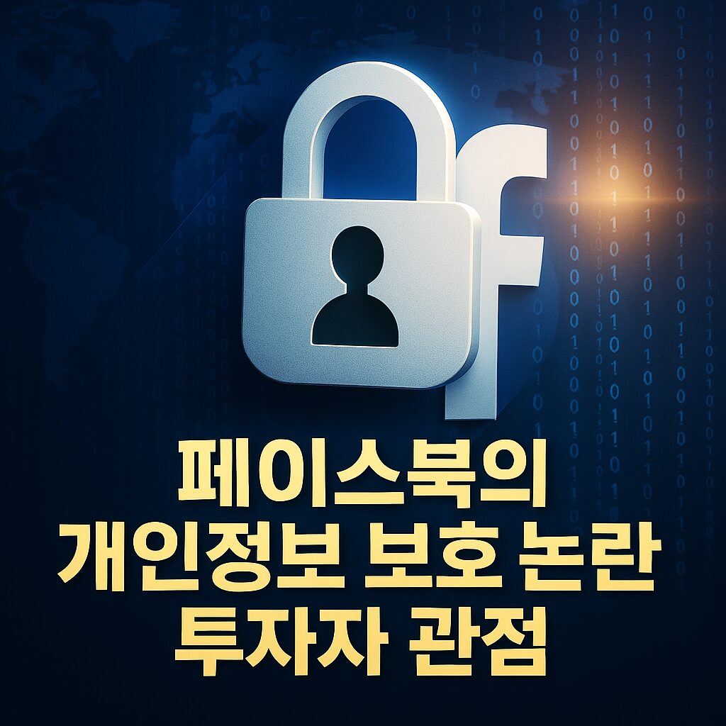 페이스북 로고 위에 자물쇠와 인물 실루엣이 겹쳐진 그래픽, 개인정보 보호 논란과 투자자 관점을 상징하는 디지털 스타일의 고급스러운 썸네일 이미지